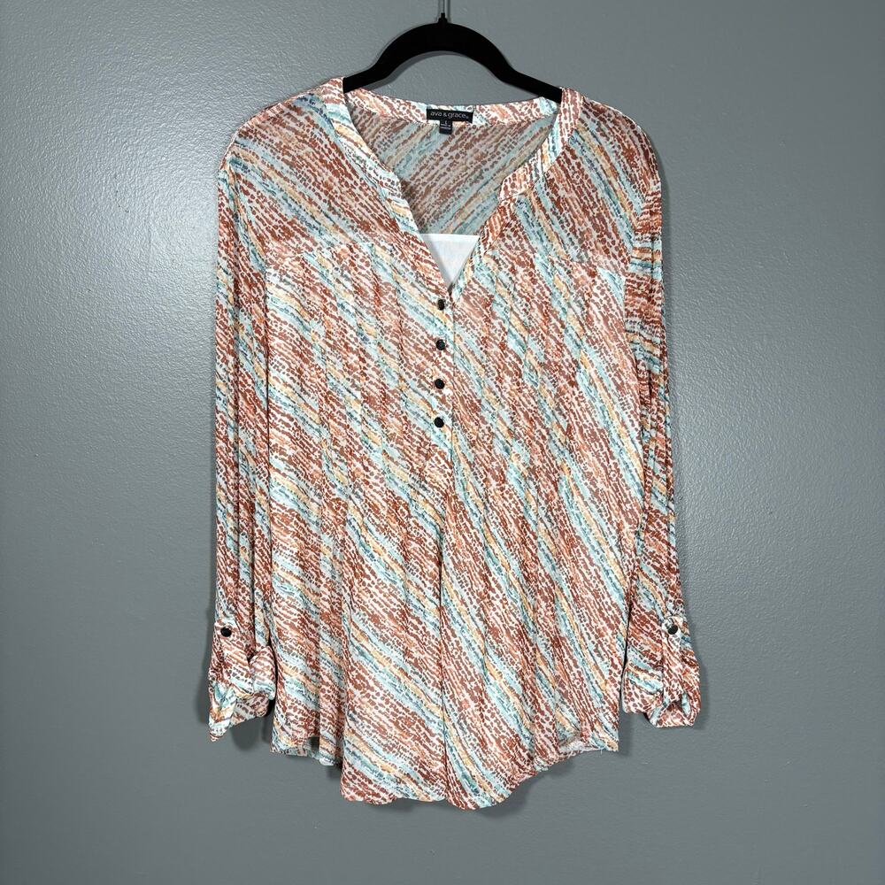 Ava & Grace Women's Brown & Blue Abstract Boho Top - Size Large - Semi-Sheer